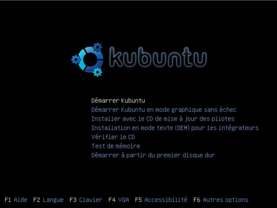 L'écran de démarrage du Live CD de Kubuntu